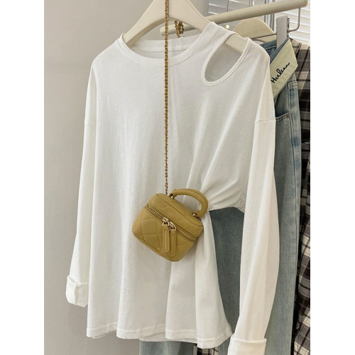 南油輕奢高貨撿漏!設計感灰色露肩t恤女2025秋季寬鬆顯瘦長袖上衣