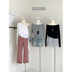 LINAN 斜肩上衣女長袖寬鬆顯瘦慵懶風高級感氣質修身兩穿露肩T恤