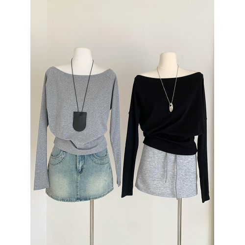 LINAN 斜肩上衣女長袖寬鬆顯瘦慵懶風高級感氣質修身兩穿露肩T恤