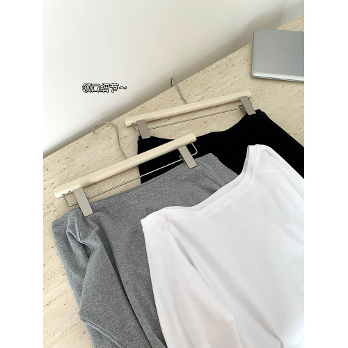 LINAN 斜肩上衣女長袖寬鬆顯瘦慵懶風高級感氣質修身兩穿露肩T恤