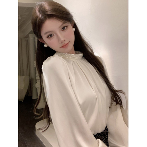 法式富家千金襯衫女宮廷風輕奢高級感穿搭珍珠緞面白色小資上衣