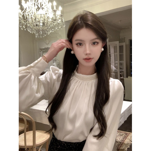 法式富家千金襯衫女宮廷風輕奢高級感穿搭珍珠緞面白色小資上衣