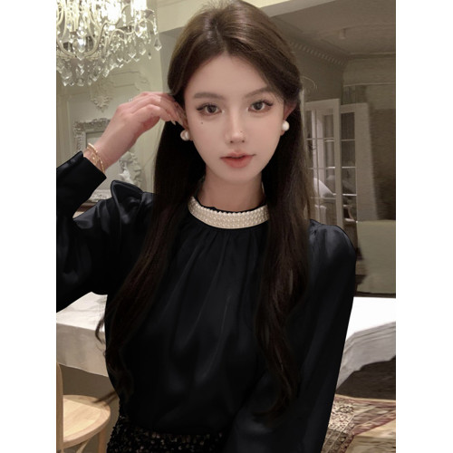 法式富家千金襯衫女宮廷風輕奢高級感穿搭珍珠緞面白色小資上衣