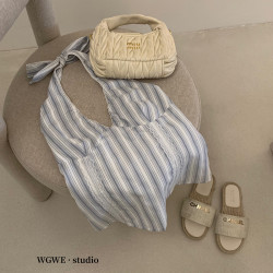 十三行 春夏韓系少女新款時尚粉色條紋蕾絲百搭顯瘦掛脖上衣