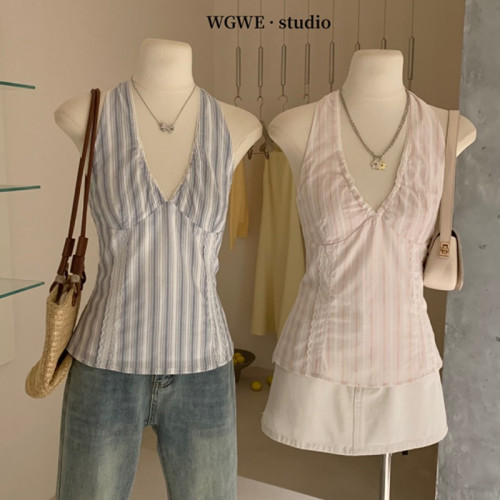 十三行 春夏韓系少女新款時尚粉色條紋蕾絲百搭顯瘦掛脖上衣