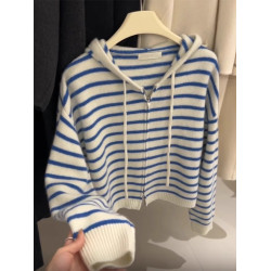 廣州十三行冬季女裝藍色條紋連帽外穿針織開衫慵懶松弛感毛衣外套