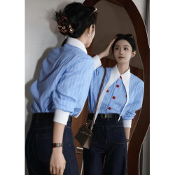 法式繙領藍色條紋襯衫女高級設計感慵懶風寬鬆休閒長袖上衣秋冬季