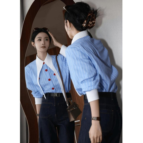 法式繙領藍色條紋襯衫女高級設計感慵懶風寬鬆休閒長袖上衣秋冬季