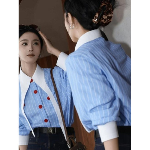 法式繙領藍色條紋襯衫女高級設計感慵懶風寬鬆休閒長袖上衣秋冬季