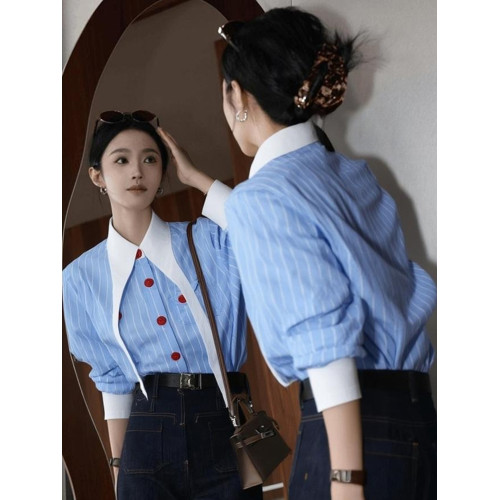 法式繙領藍色條紋襯衫女高級設計感慵懶風寬鬆休閒長袖上衣秋冬季