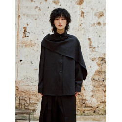 SUNYVONNE-小衆設計新中式交叉立領圍巾長袖襯衫外穿飄帶寬鬆襯衣