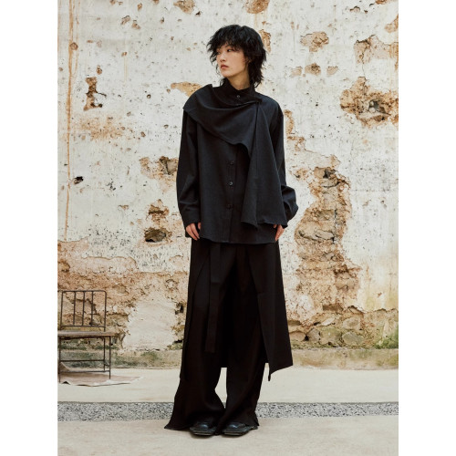 SUNYVONNE-小衆設計新中式交叉立領圍巾長袖襯衫外穿飄帶寬鬆襯衣