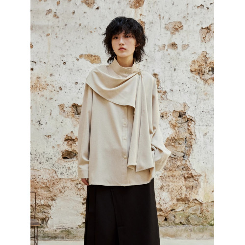 SUNYVONNE-小衆設計新中式交叉立領圍巾長袖襯衫外穿飄帶寬鬆襯衣