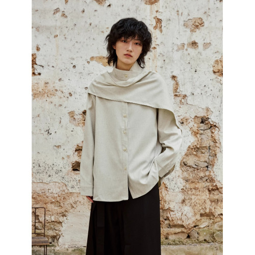 SUNYVONNE-小衆設計新中式交叉立領圍巾長袖襯衫外穿飄帶寬鬆襯衣