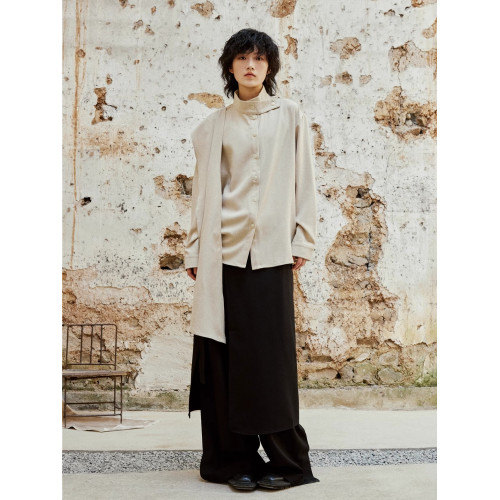 SUNYVONNE-小衆設計新中式交叉立領圍巾長袖襯衫外穿飄帶寬鬆襯衣