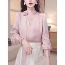 緞面襯衫女長袖春秋季女裝花朵飄帶v領打底衫上衣職業工裝OL襯衣