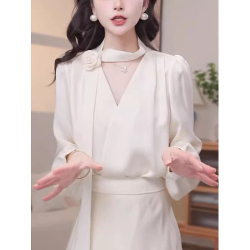 緞面襯衫女長袖春秋季女裝花朵飄帶v領打底衫上衣職業工裝OL襯衣
