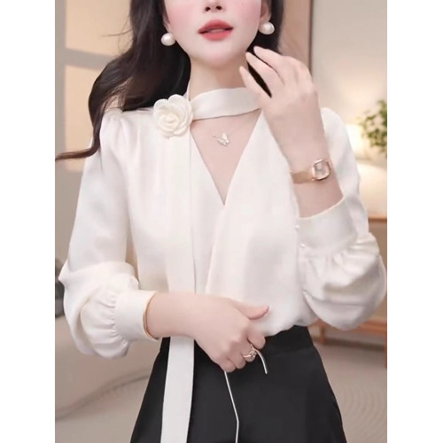 緞面襯衫女長袖春秋季女裝花朵飄帶v領打底衫上衣職業工裝OL襯衣