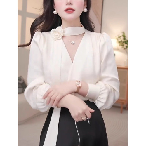 緞面襯衫女長袖春秋季女裝花朵飄帶v領打底衫上衣職業工裝OL襯衣