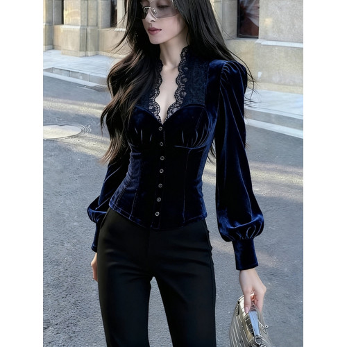 輕熟風藍色蕾絲拼接絲絨泡泡袖襯衫女2025年秋季新款奢華高級上衣