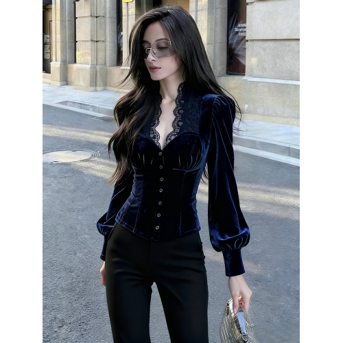 輕熟風藍色蕾絲拼接絲絨泡泡袖襯衫女2025年秋季新款奢華高級上衣