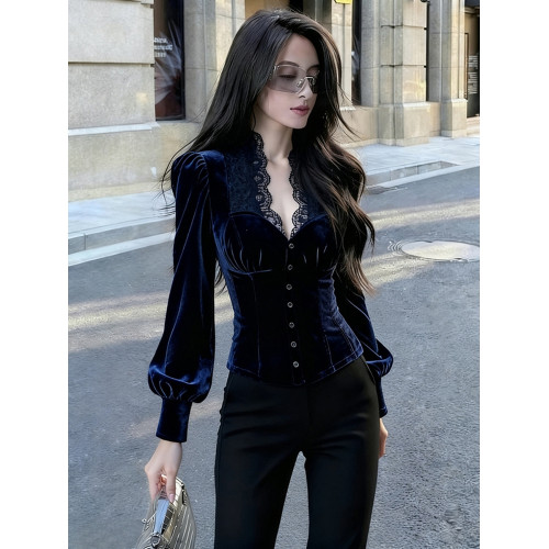 輕熟風藍色蕾絲拼接絲絨泡泡袖襯衫女2025年秋季新款奢華高級上衣