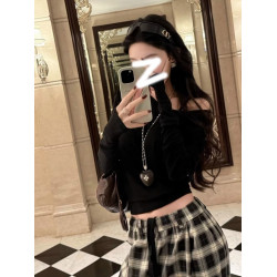 辣妹穿搭一字領斜肩防曬罩衫長袖t恤女夏季寬鬆性感露肩短款上衣