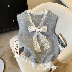 專櫃撤廻剪標系帶蝴蝶結V領馬甲女2025新款設計感蕾絲邊曡穿上衣