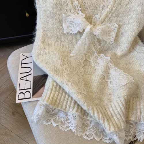 專櫃撤廻剪標系帶蝴蝶結V領馬甲女2025新款設計感蕾絲邊曡穿上衣