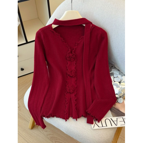 法式溫柔甜美長袖針織衫女2025秋季新款別致掛脖減齡百搭顯瘦上衣