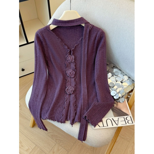 法式溫柔甜美長袖針織衫女2025秋季新款別致掛脖減齡百搭顯瘦上衣