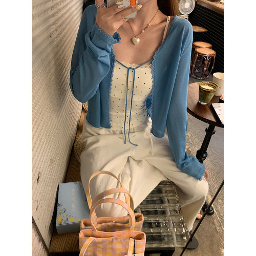 冰絲輕薄款蕾絲花邊針織防曬衫女夏季新款系帶設計感長袖開衫外套