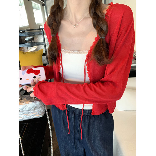 冰絲輕薄款蕾絲花邊針織防曬衫女夏季新款系帶設計感長袖開衫外套