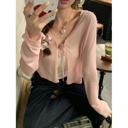 冰絲輕薄款蕾絲花邊針織防曬衫女夏季新款系帶設計感長袖開衫外套