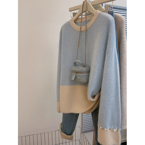 今年流行爆款重工釘珠毛衣女2025春秋新款復古拼色袖口小衆針織衫