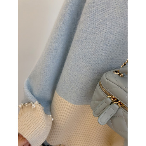 今年流行爆款重工釘珠毛衣女2025春秋新款復古拼色袖口小衆針織衫