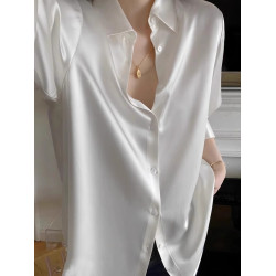 法式輕奢緞面白色襯衫女秋新款高級感寬鬆顯瘦防曬襯衣設計感小衆