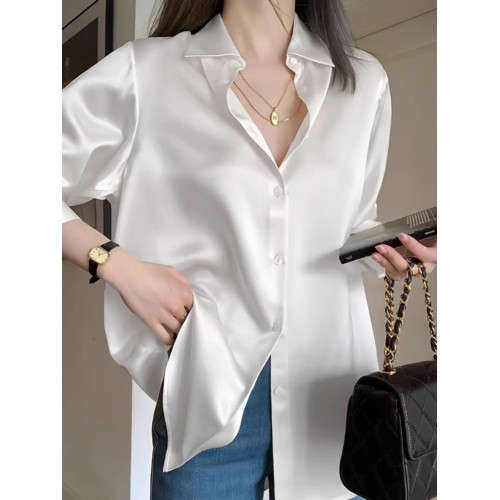 法式輕奢緞面白色襯衫女秋新款高級感寬鬆顯瘦防曬襯衣設計感小衆
