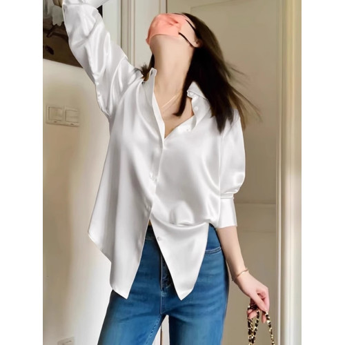 法式輕奢緞面白色襯衫女秋新款高級感寬鬆顯瘦防曬襯衣設計感小衆