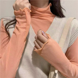 木耳邊薄款透視網紗長袖打底衫女秋冬蕾絲內搭打底上衣曡穿搭配