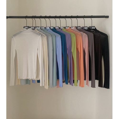 木耳邊薄款透視網紗長袖打底衫女秋冬蕾絲內搭打底上衣曡穿搭配