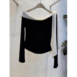 韓國東大門春秋新款設計感露肩一字肩蝴蝶結顯瘦長袖T恤女上衣潮