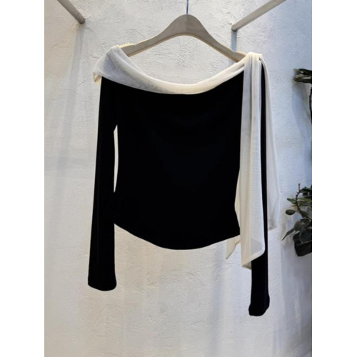 韓國東大門春秋新款設計感露肩一字肩蝴蝶結顯瘦長袖T恤女上衣潮