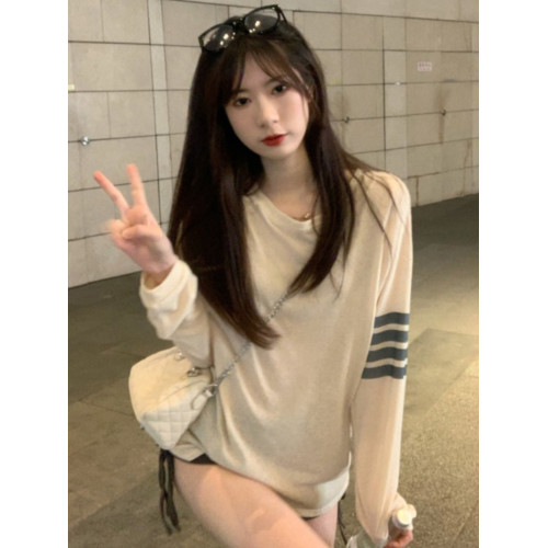 撞色長袖t恤女春秋2025新款薄款寬鬆百搭慵懶風防曬罩衫洋氣上衣