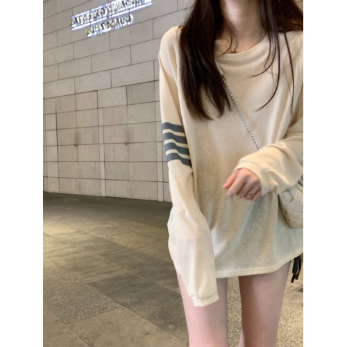 撞色長袖t恤女春秋2025新款薄款寬鬆百搭慵懶風防曬罩衫洋氣上衣