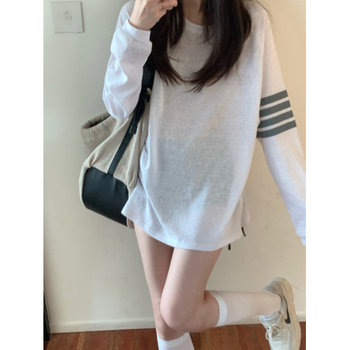 撞色長袖t恤女春秋2025新款薄款寬鬆百搭慵懶風防曬罩衫洋氣上衣