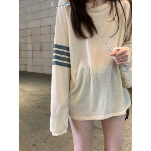 撞色長袖t恤女春秋2025新款薄款寬鬆百搭慵懶風防曬罩衫洋氣上衣