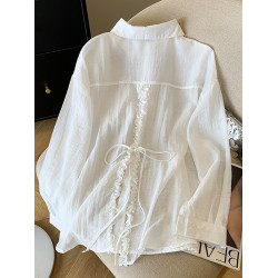 自畱款推薦~後背系帶開叉抽褶木耳邊襯衫女夏新款設計感防曬上衣