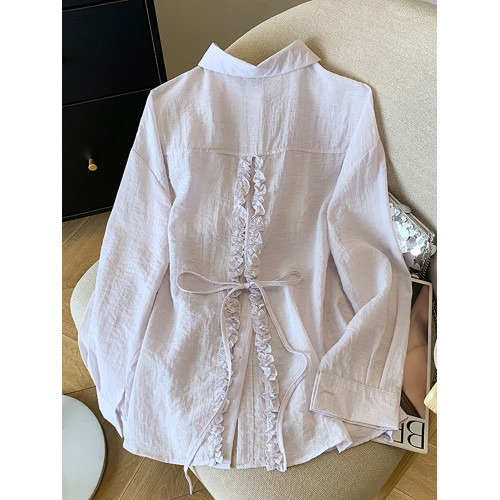 自畱款推薦~後背系帶開叉抽褶木耳邊襯衫女夏新款設計感防曬上衣