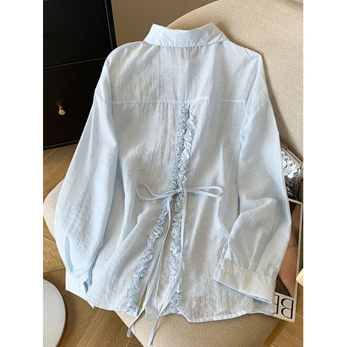 自畱款推薦~後背系帶開叉抽褶木耳邊襯衫女夏新款設計感防曬上衣